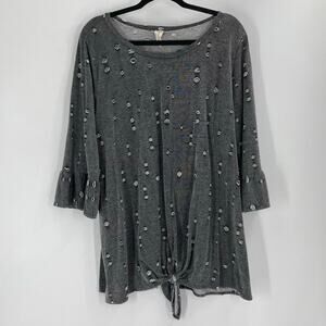 Boho Distressed Ruffle Sleeve Gray Tie Front Tunic Top Women’s 3X